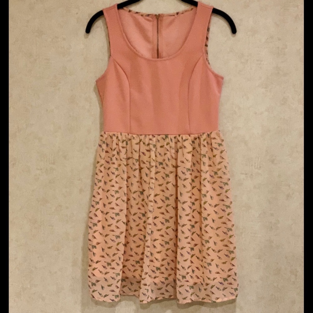 PEACH-COLORED, BIRD PRINT DRESS